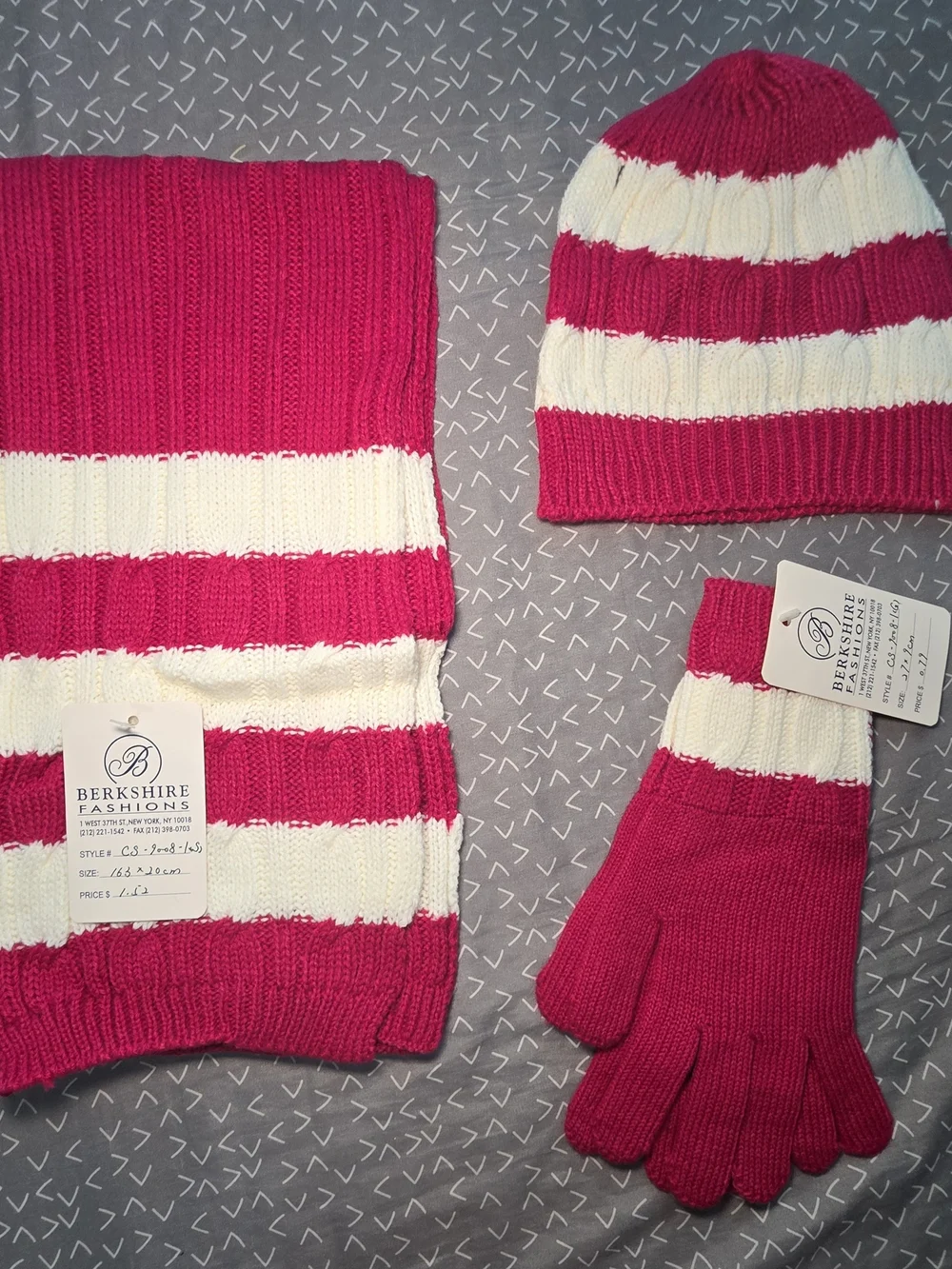 iRE Fashion Pink & White Striped Kids Knit Hat, Scarf & Gloves Set